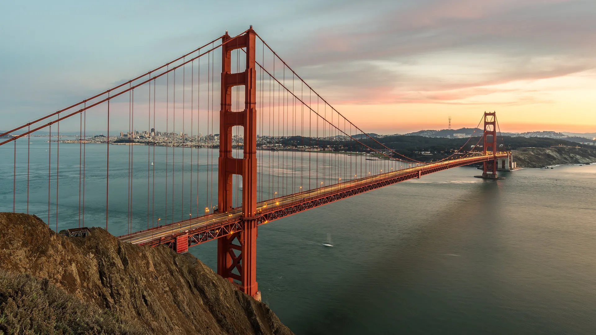 Golden Gate Bridge at sunset, seen from Marin